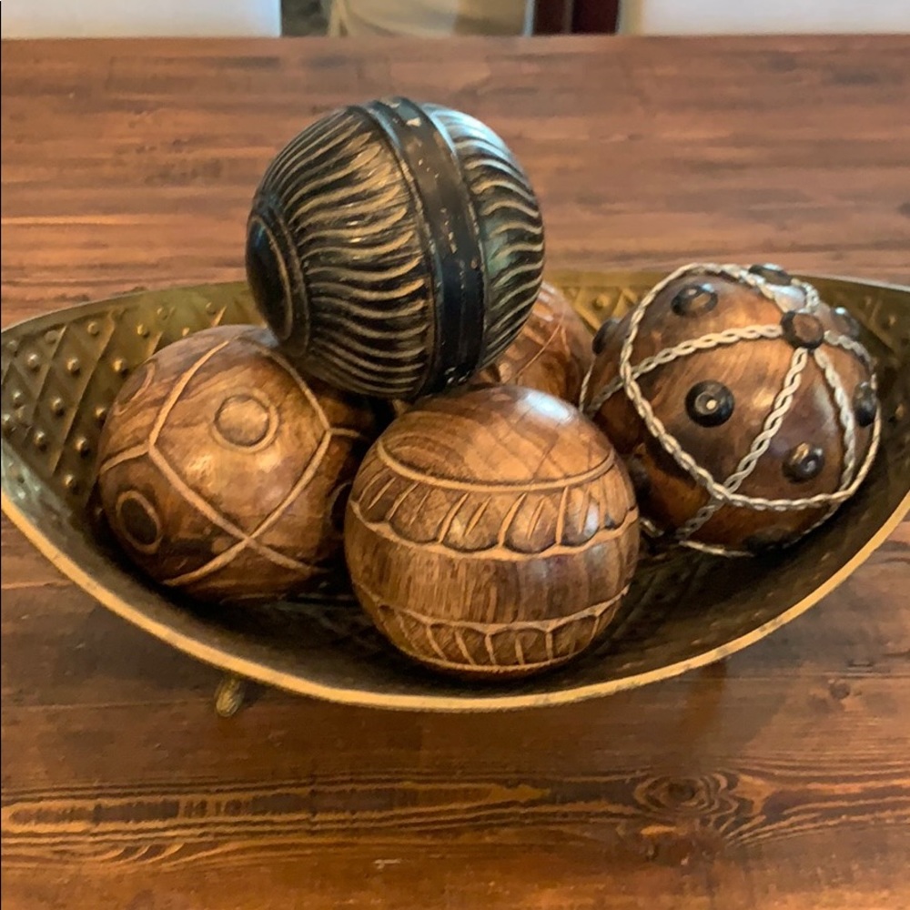 Gold metal decorative bowl with balls